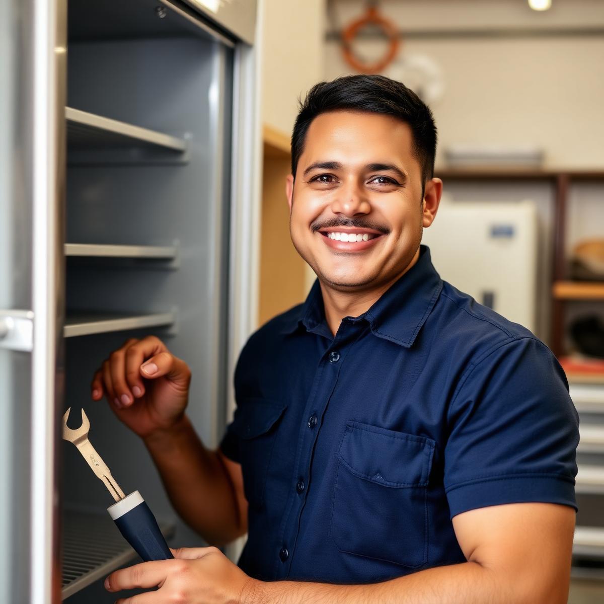 Bilingual Genius Appliances technician repairing a refrigerator in Central Florida